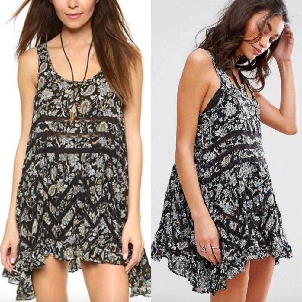 ☀️ FREE PEOPLE Floral Voile & Lace Ruffle Hem Trapeze Casual Boho Slip Dress